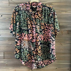 CINNAMON Vintage Rayon Printed Boyfriend Button Down Hi Low Cut Top